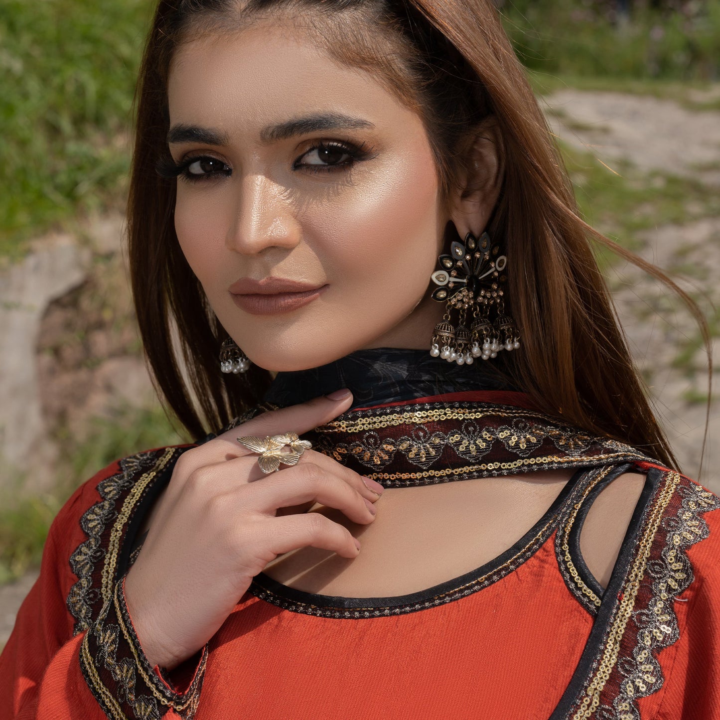 Printed Orange Embroidered Maxi 3-Piece Festive Pret