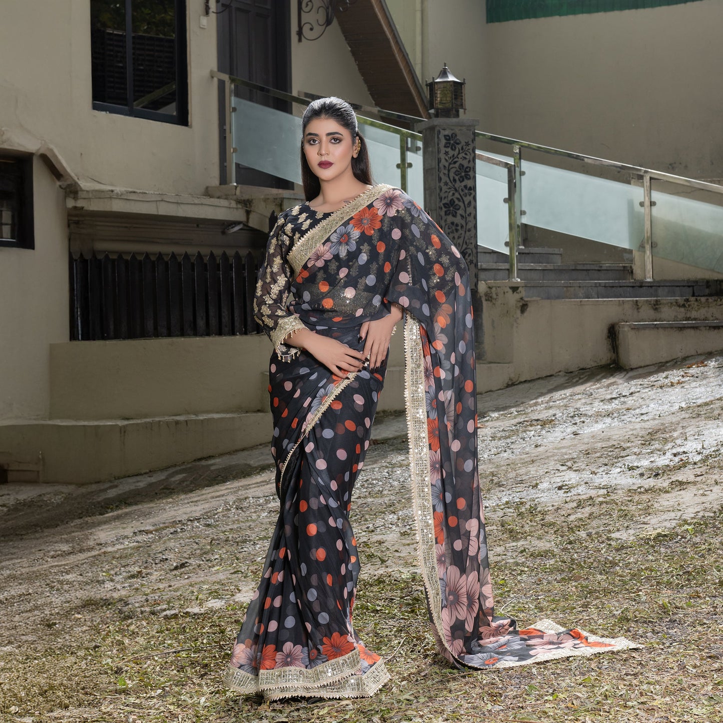 Printed Black Fully Embroidered Saree with Gotta Patti