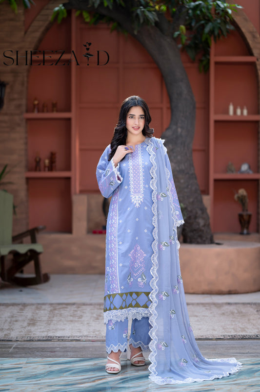 Sky Embroidered 3 Pcs Lawn Suit with Chiffon Dupatta