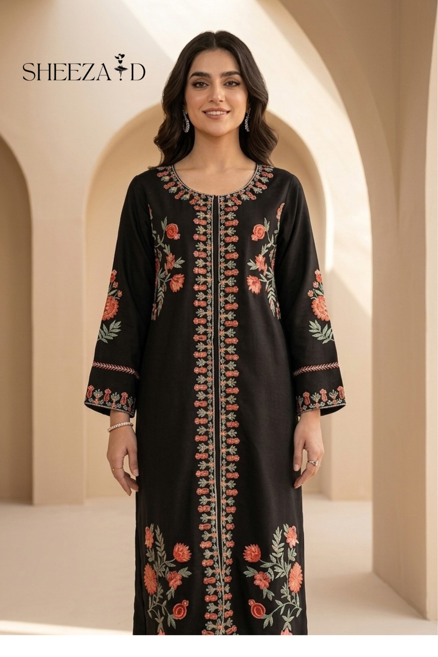 Midnight Gold Ready To Wear Embroidered Viscose Kaftan | SDVL-03
