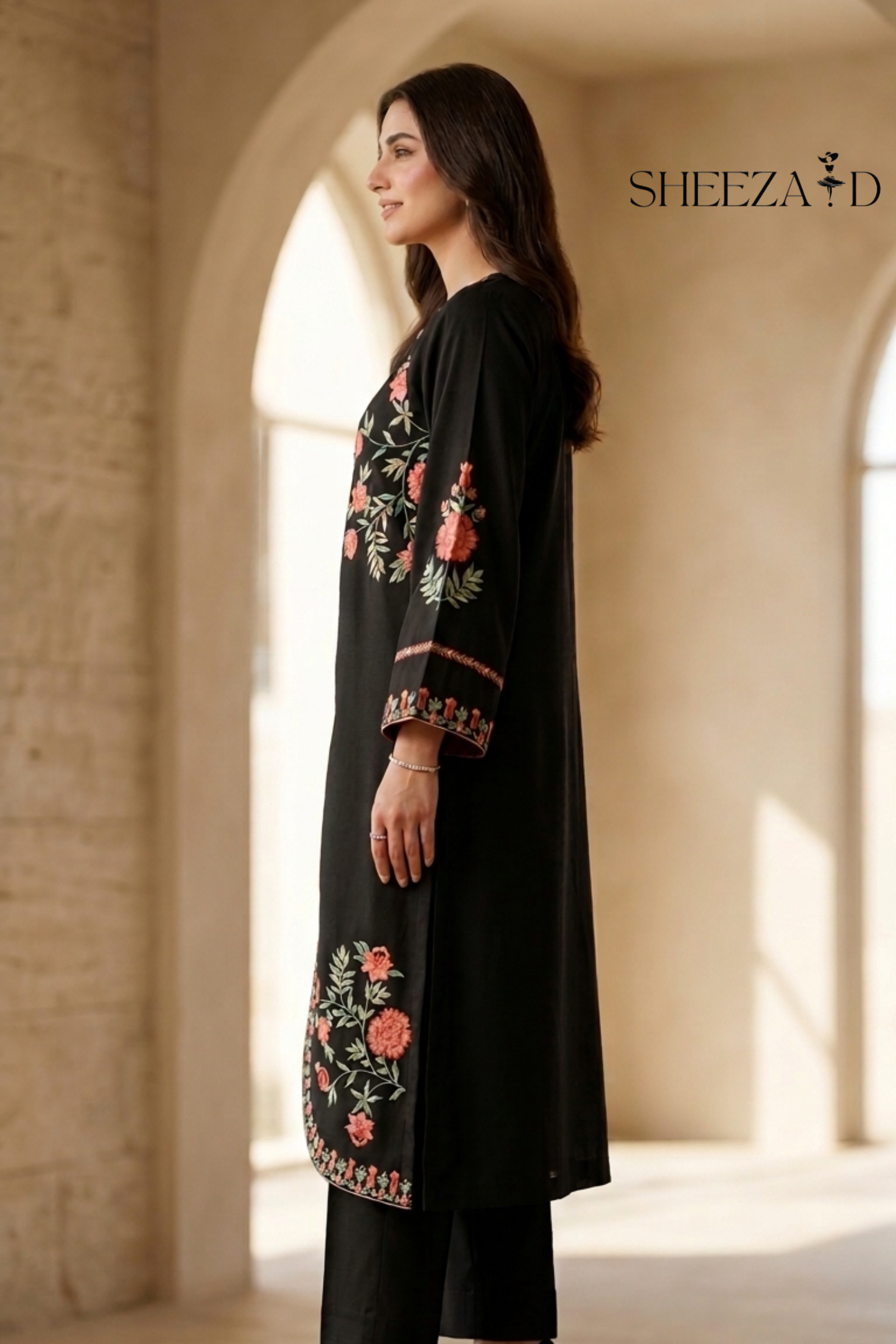 Midnight Gold Ready To Wear Embroidered Viscose Kaftan | SDVL-03
