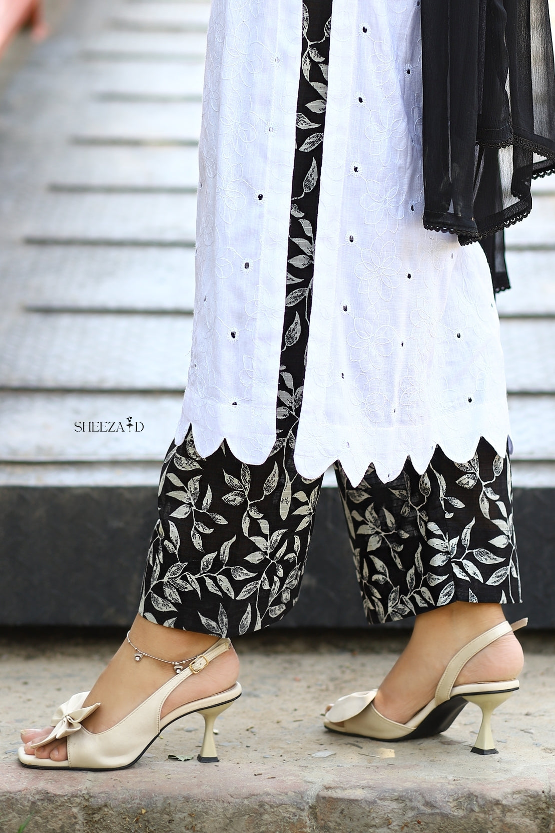White Chicken Kari Lawn Suit With Black Printed Trouser